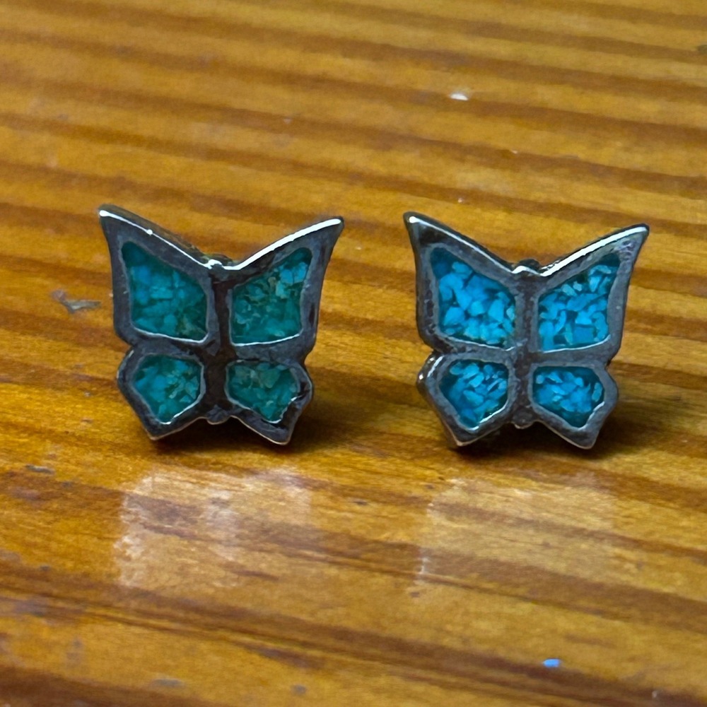 Vintage Butterfly Stud Earrings Crushed Turquoise Inlay Silver Tone Boho